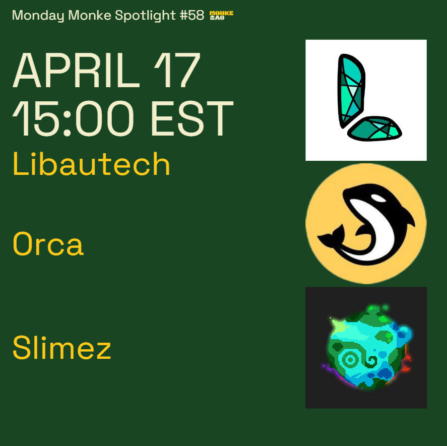 For this week’s upcoming 🐒Monday Monke Spotlight🐒 we’ll be having:

<a href="/libautech/">Libautech</a>
<a href="/orca_so/">Orca 🌊</a>
<a href="/SlimezSUI/">Slimez.sui 💦</a>

See you there 🍌

x.com/i/spaces/1lPJq…