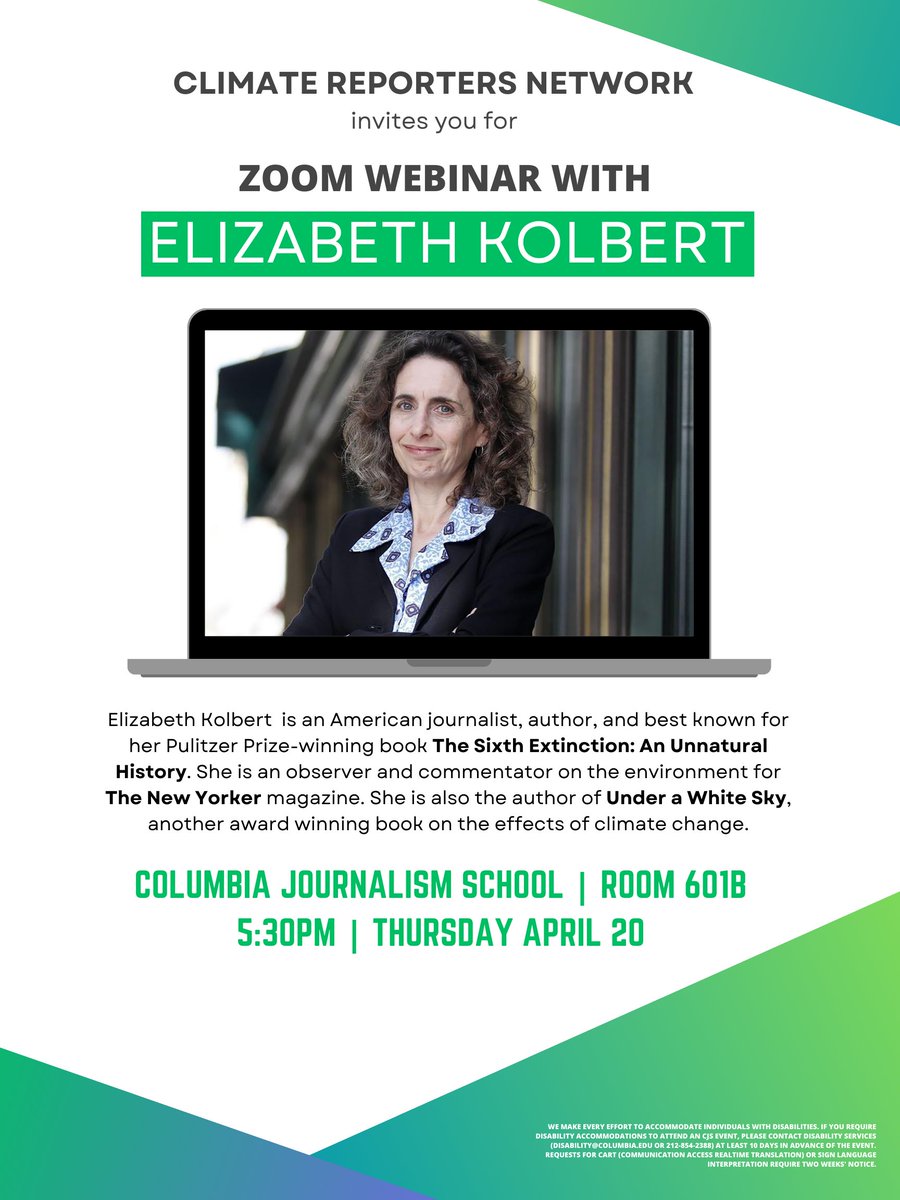 On Thursday (April 20) <a href="/ElizKolbert/">Elizabeth Kolbert</a> will join Zoom to talk about the Future of Climate Journalism and to answer questions. The event is organized by <a href="/columbiajourn/">Columbia Journalism School</a> Climate Reporters Network.