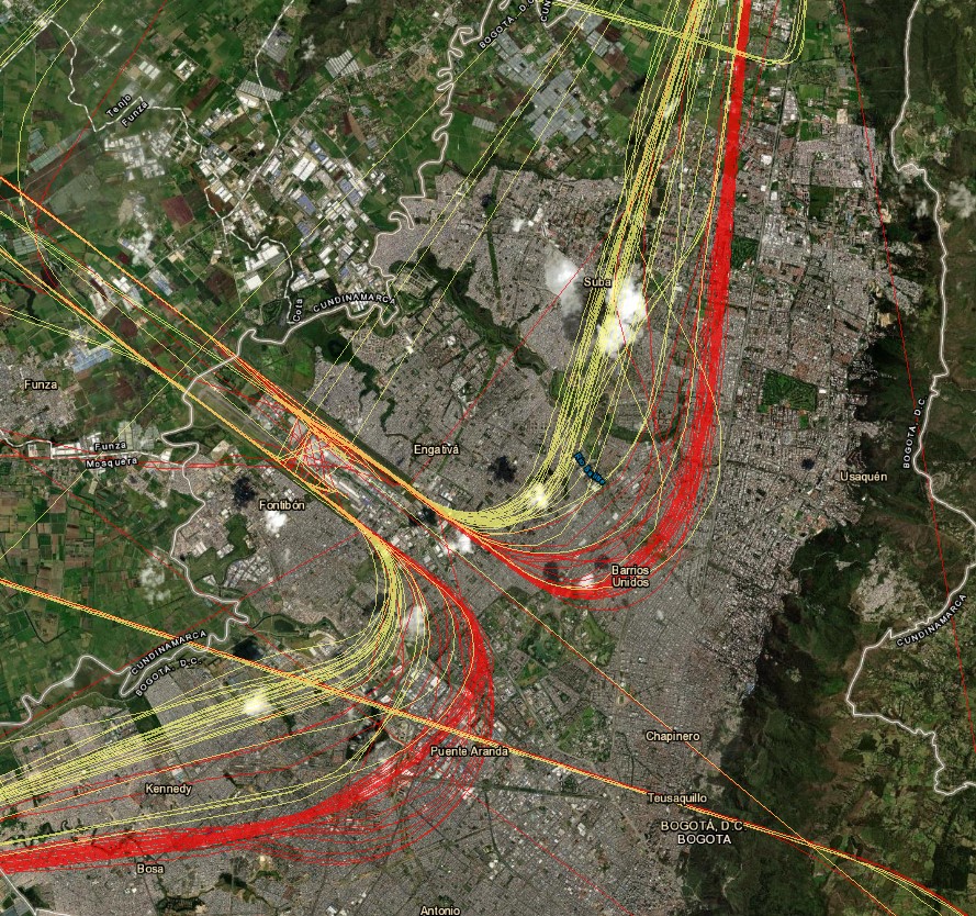En amarillo las rutas en un domingo de abril del 2022 entre las 5 AM y 8 AM y en rojo lo mismo, pero en el 2023  ¿Cómo afecta la calidad de vida de los habitantes😵‍💫o es simplemente un signo del progreso y desarrollo económico?  ¿cómo afecta a la biodiversidad urbana🐦?👇