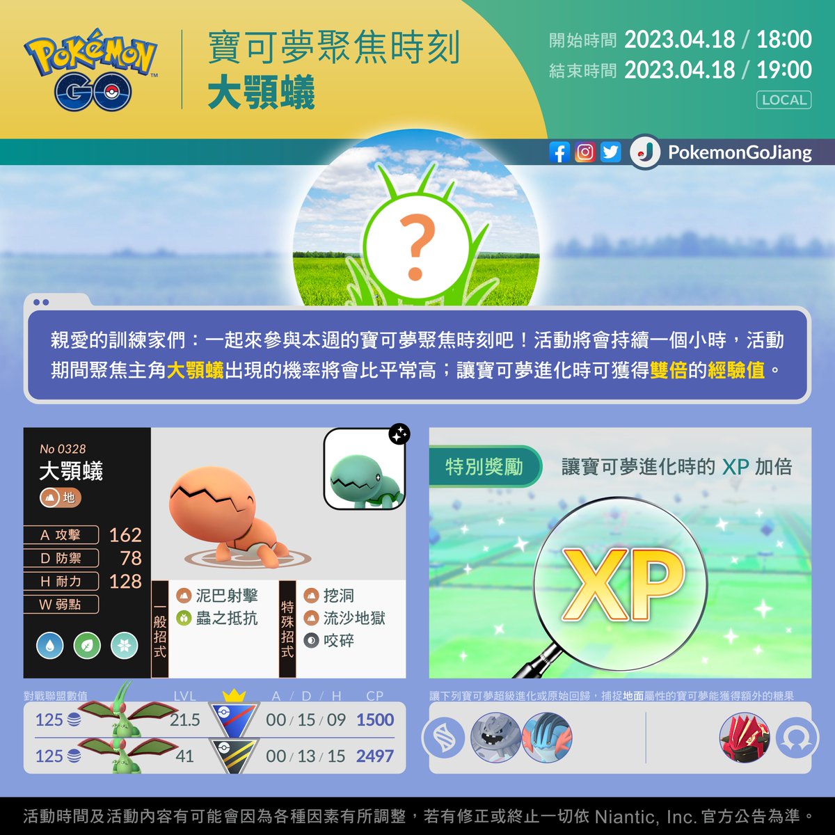 親愛的訓練家們：
一起來參與本週的活動吧！

活動名稱：寶可夢聚焦時刻 #大顎蟻
活動日期：2023年4月18日18:00 至 19:00 (Local)

⚠️有機會遇見異色✨大顎蟻✨
⚠️進化寶可夢獲得的XP加倍

#PokemonGO #SpotlightHour #Trapinch