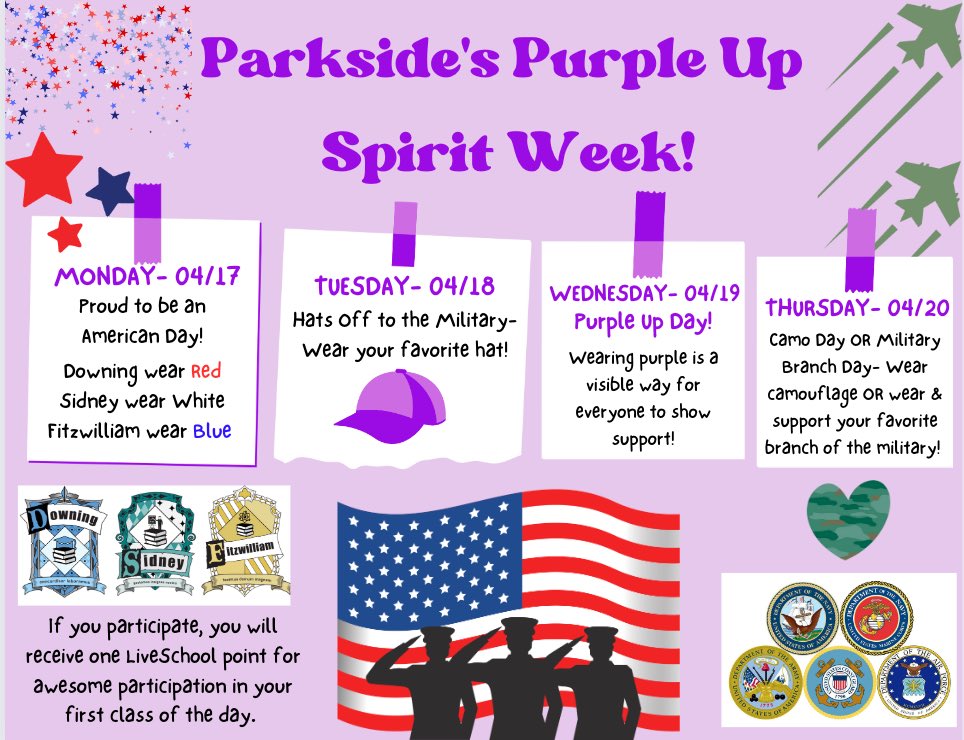 Ready for a fun Spirit Week celebrating our Military Children!! 💜
#parksideproud @PKMSpanthers