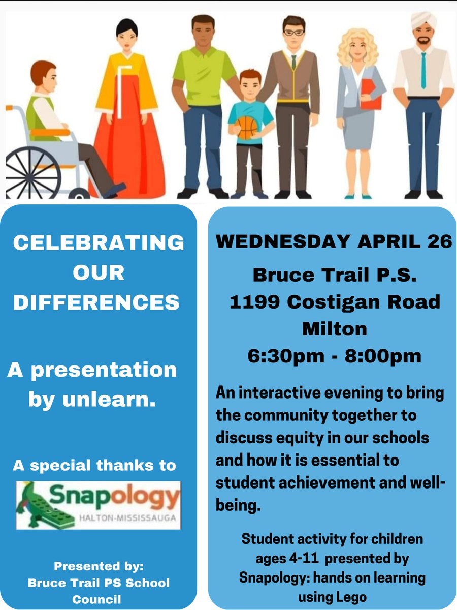 btschoolcouncil's tweet photo. On Wed April 26th 630-800pm, @brucetrailps School Council invites you to "Celebrating our Differences". This inclusive event aims to inspire people to see humanity in everyone by celebrating one another's differences &amp; teaching our kids to do the same. (1/2) https://t.co/3J08gMtUQr
