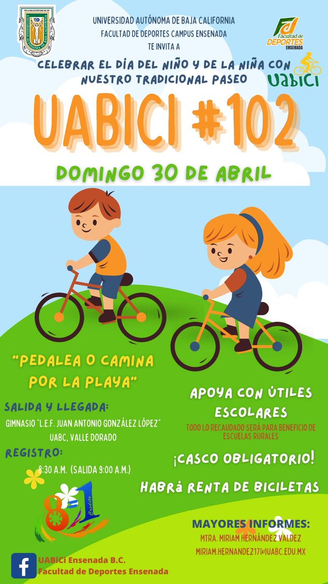 UABiCi's tweet photo. #UABiCi te invita a celebrar a las infancias con su paseo #102 👧🧒👦
Pedalea o Camina por la playa el próximo domingo 30 de abril y disfruta la ciudad en movimiento.
Registro: 8:30 a.m. Gimnasio #UABC #ValleDorado (Apoya con útiles escolares para escuelas rurales). 🙌 https://t.co/H0SAEn1aMZ