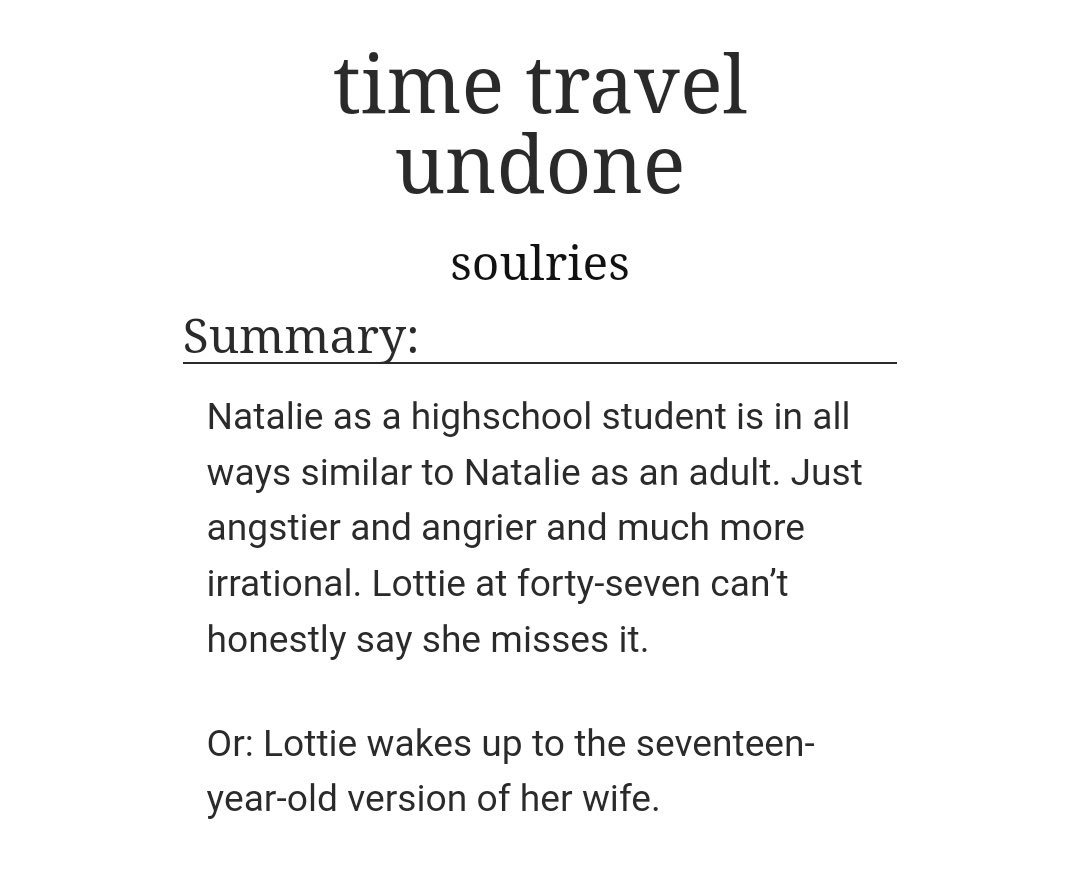 ‘time travel undone’ by soulries
🔗 archiveofourown.org/works/46549279
📌 3352 words
📍 #yellowjackets #lottienat
📌 alternate universe - canon divergence, time travel, magical realism, the plane never crashed