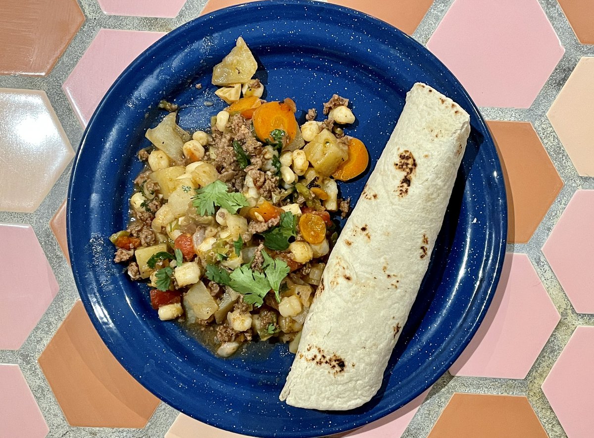 blogappetit's tweet photo. Look what I made for #dinner 2nite in our #NewMexico hostel  — impromptu #greenchili #beef #potato #and #hominy #stew. W/pretty much all local ingredients!  The #cloudcrofthostel is charming  &amp; packed w/ wonderful amenities, including a great kitchen! Watch for #recipe! #roadtrip https://t.co/5yn9NvDUam