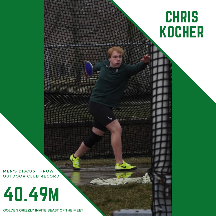 We can't forget about the field events!

The Beast of the Meet for the Golden Grizzly Invite is Chris Kocher, who broke the men’s outdoor club record in discus with a distance of 40.49 meters and then proceeded to also finish second all-time in the men’s outdoor shot put!