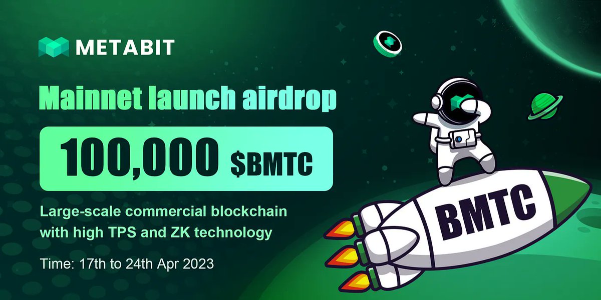 #METABIT #Airdrop for the releasing of mainnet
100,000 $BMTC for first 20,000 participants
Tasks
1⃣️Follow, Like, RT &amp; @ 5 friends
2⃣️Join t.me/metabitofficia…
3⃣️Fill out: forms.gle/gRSAhY2ZL4y1Zd…
FCFS basis, grab it before it's gone！
More details: link.medium.com/fl7q2DtQ3yb