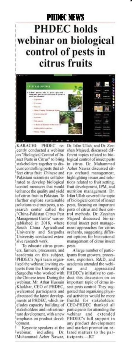 Phdec_official's tweet photo. @Phdec_official's efforts to vitalize the horticulture sector of Pakistan being lauded in the National print media.
#agriculture #Pakistani #citrus #insectpest #biological https://t.co/kPYDocsr2a