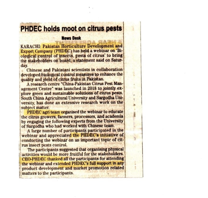 Phdec_official's tweet photo. @Phdec_official's efforts to vitalize the horticulture sector of Pakistan being lauded in the National print media.
#agriculture #Pakistani #citrus #insectpest #biological https://t.co/kPYDocsr2a