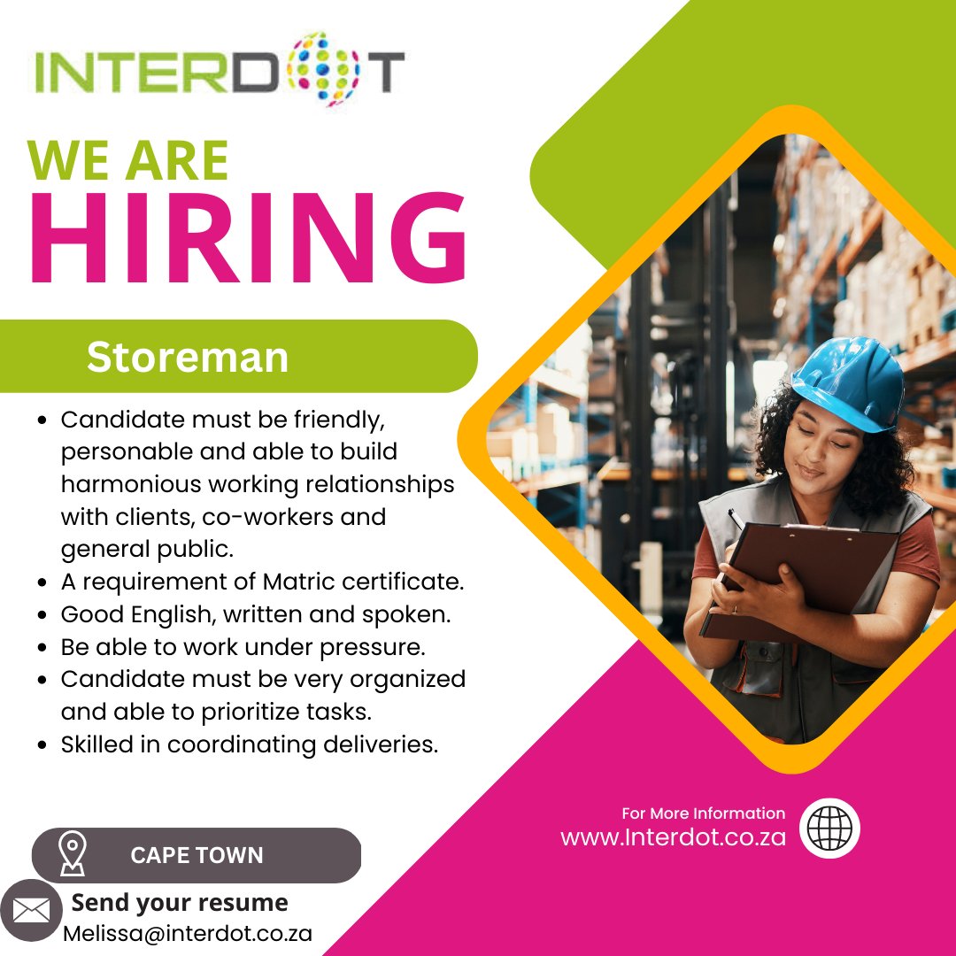 Interdot_'s tweet photo. Our client in the Tool and Plant Hire industry is looking for a Storeman to join their dynamic team.

To Apply, send your qualifying cv to Melissa@interdot.co.za
#Storeman
#CapeTown
#DrNandiphaMagudumana 
#jobseekers https://t.co/7TdaLAVTuz