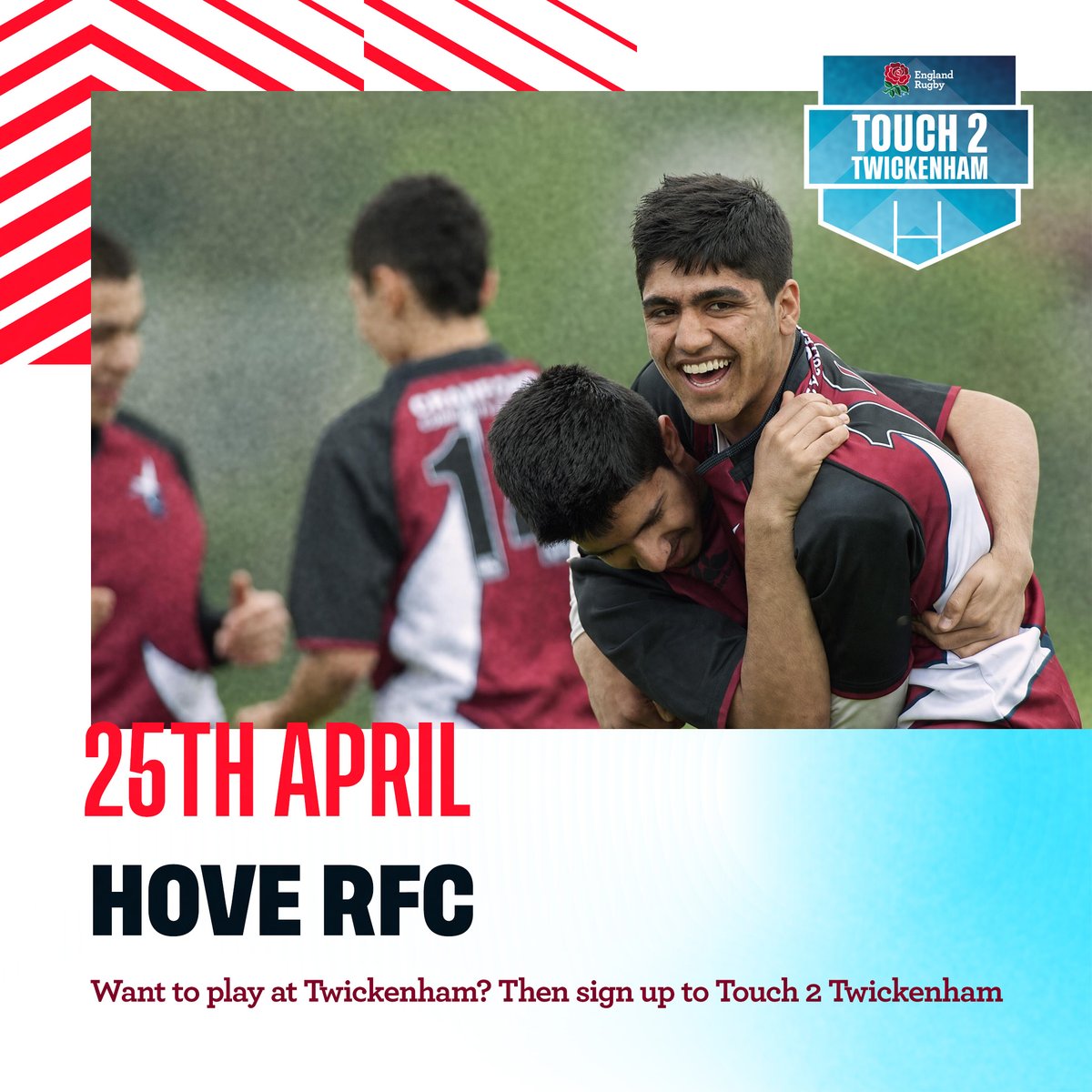 Hope everyone had a great Easter break! 

Not too late to sign your school up to Hove #Touch2Twickenham event next week....

bit.ly/3X5U7ly