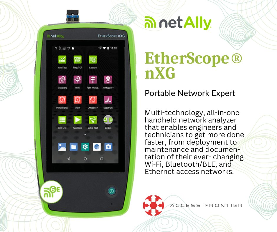AccessFrontier's tweet image. EtherScope® nXG

Key Features
📌Quickly install, test, verify, and troubleshoot technology upgrades, NBASE-T, 10G, Bluetooth/BLE, and Wi-Fi 6/6E networks with advanced testing apps and purpose-built hardware.

#NetAlly #etherscope