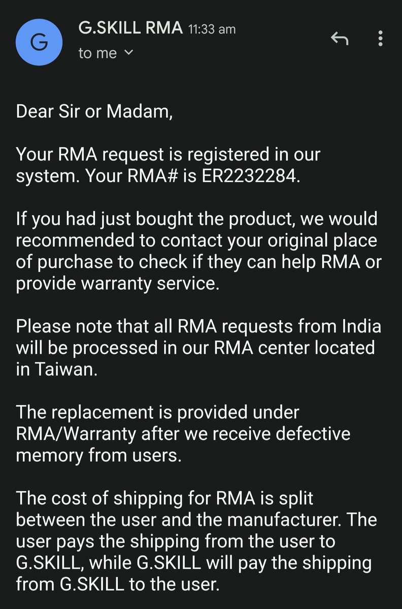 saurabh_196's tweet photo. @gskillgaming @GSkillmemory shipping for RMA costs approximately 4 times more then the actual product this is 3rd time i buy your product and 2 of them are faulty 1st I thought that damaged product was my fault so I didn't claim my RMA now same thing is happening with this prodct https://t.co/UIE5BLJPHl