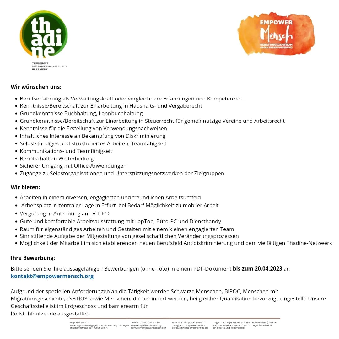 Wollen wir Kolleg*innen werden? Unser Beratungszentrum <a href="/empower_mensch/">EmpowerMensch</a> sucht eine Verwaltungskraft: empowermensch.org/karriere/stell…
Wir freuen uns auf dich! #jobs #empowerment #verwaltung