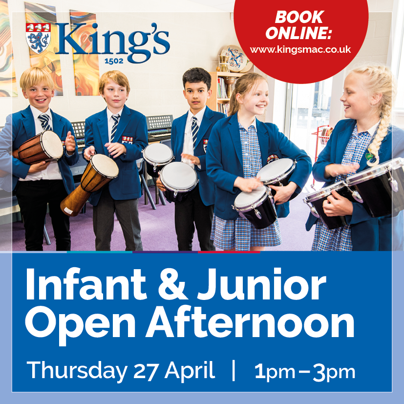 Our Infant &amp; Junior Open Afternoon next week is an  opportunity for prospective families to explore King's, meet staff &amp; pupils. You'll have the chance to learn about our unique curriculum, excellent pastoral care &amp; extra-curricular activities. Book here: kingsmac.co.uk/news-events/op…