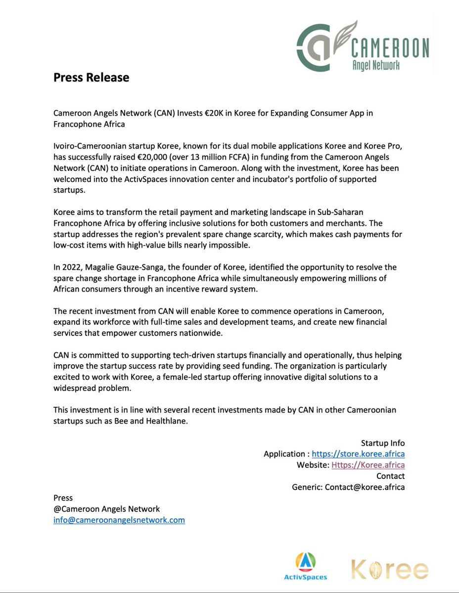 CameroonAngels's tweet photo. We are happy to announce our investment in @koreeafrica. This is part of our Q1 investment plan. https://t.co/F7vY088LtZ