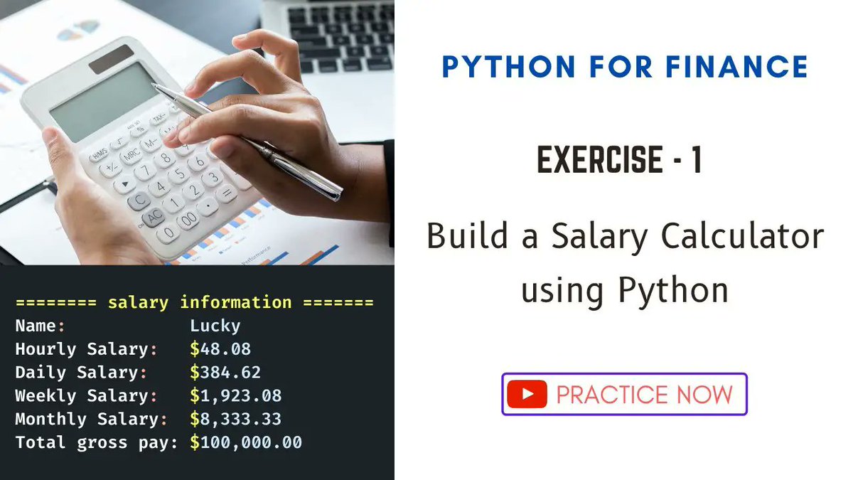 usingpython's tweet image. Exercise 1 - How to make a Salary Calculator in Python
The above video helps you out in making overtime calculator using python
📚 Read the full article here:
🔗 usandopy.com/en/artigo/exer… #python #usingpython