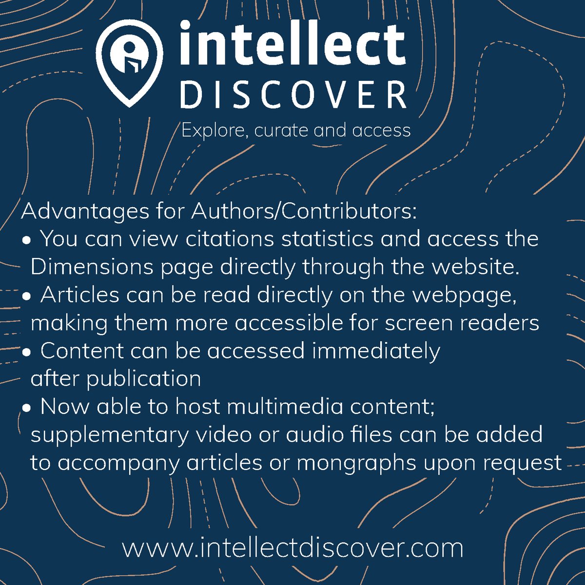 IntellectBooks's tweet photo. Our new #IntellectDiscover platform launches on 20 April 2023! 🎉
Here are some of the advantages to authors:
✴️ View citation statistics
✴️ Read articles directly online
✴️ Access content immediately after publication
✴️ We can host multimedia content
https://t.co/DuiJIbzlrP https://t.co/Xfgo8gJjO2