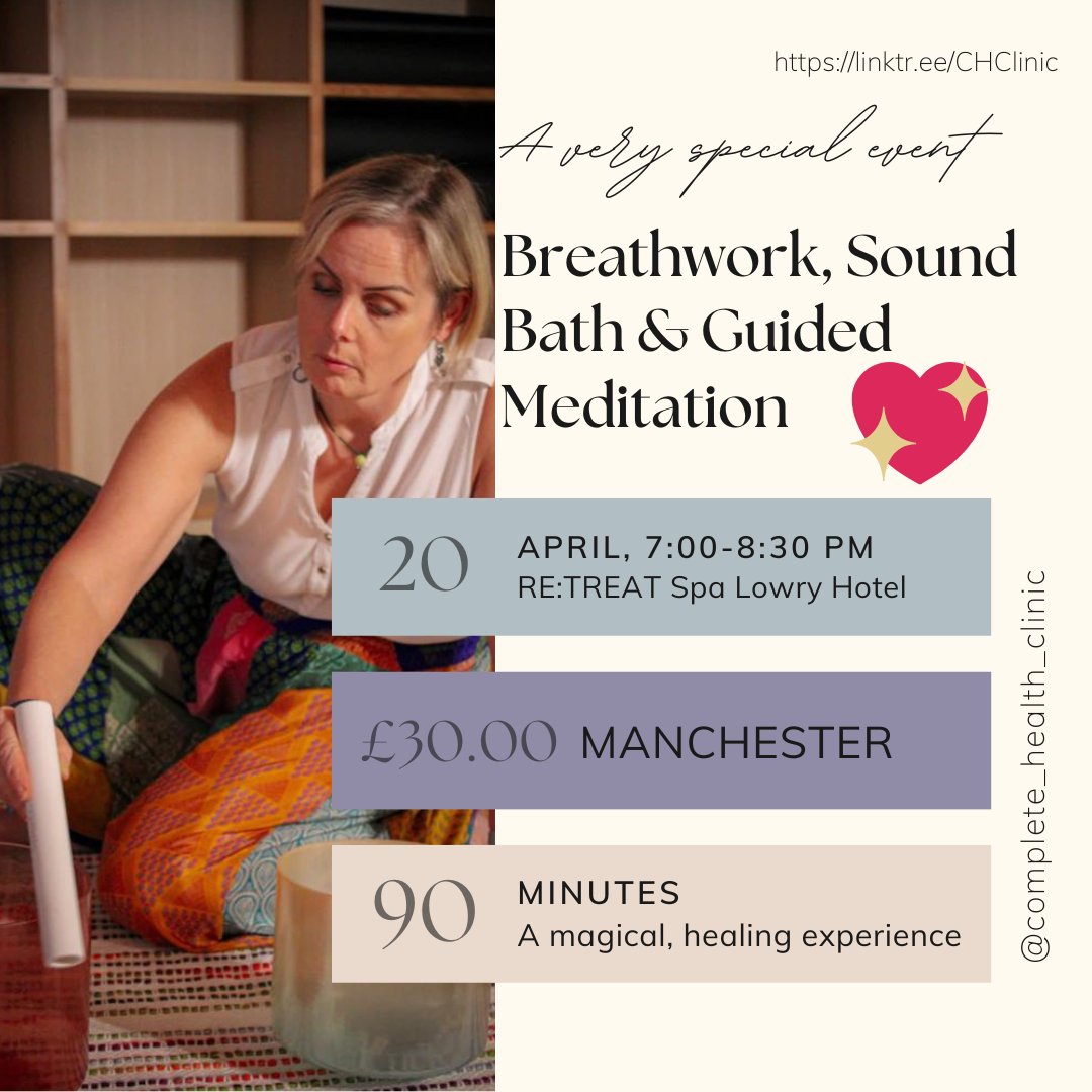 I always say you can't fill from an empty cup, so fill your self-love cup up with me on April 20th at 7:00 pm at The Lowry Hotel 💘

completehealthclinic.co.uk/book-online/

#selfcare #selflove #soundjourney #soundhealingtherapy #soundhealingmeditation #soundbaths #soundbathmeditation