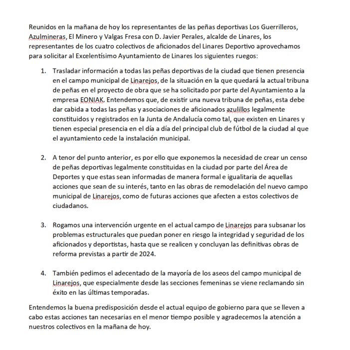 🚨El pasado viernes mantuvimos una reunión 🤝 en
<a href="/aytolinares/">Ayuntamiento de Linares</a> junto con <a href="/pminerolinares/">⚒ ⛏ 𝕻.𝕯. 𝕸𝖎𝖓𝖊𝖗𝖔 𝕷𝖎𝖓𝖆𝖗𝖊𝖘 ⛏⚒</a> , <a href="/Guerriforever/">⚒️ Los Guerrilleros ⚒️</a> y <a href="/PeF_Azulmineras/">Peña F.Azulminera</a>  tratando, entre otros asuntos, los puntos expuestos en el siguiente escrito📄👇