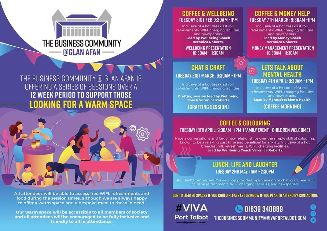 Happy Monday, Port Talbot!! 

Tomorrow, FREE session as part of our WARM SPACE Series!! 

COFFEE &amp; COLOURING 

This is a family-friendly event,so if you would like to bring your little one's, they are more than welcome!! 

Tuesday 18th April 2022 @ 9:30am - Hot Breakfast included