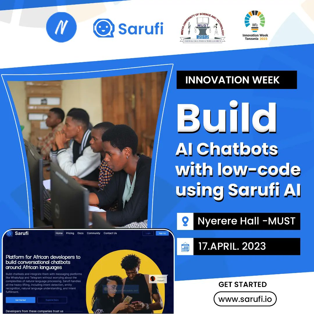 NeuroTech_HQ's tweet image. Exciting times at Mbeya University of Science and Technology for Innovation Day! 🎉 Our Sarufi Team is here to share knowledge on building AI chatbots with Sarufi AI and deploying them on messaging platforms like WhatsApp and Telegram.
Let&apos;s revolutionize the way we communicate!