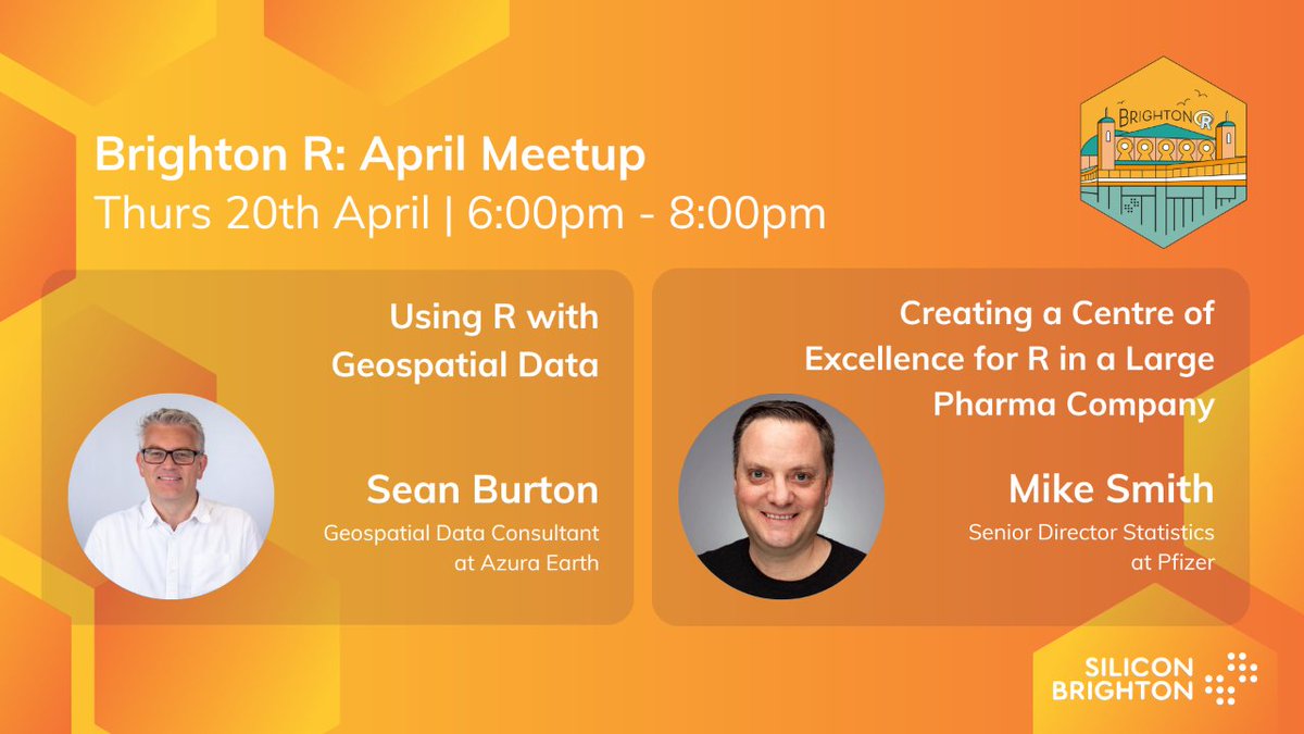 <a href="/BrightonR16/">BrightonR</a> 🗺 <a href="/BrightonR16/">BrightonR</a>: April Meetup (Thur 20th, 6-8pm)

Join us for some fascinating stories and insights around R programming, with <a href="/SeanPBurton/">Sean P B 🌍🌸🚴‍♂️</a> (Geospatial Data Consultant @azuraearth) and Mike Smith (Senior Director Statistics at <a href="/pfizer/">Pfizer Inc.</a>).

🎟 meetup.com/silicon-bright…