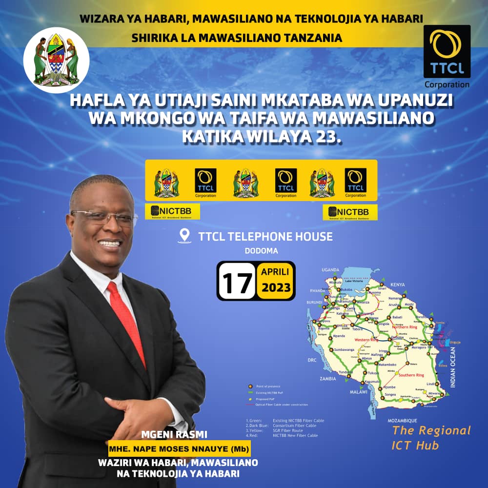TTCLCorporation's tweet photo. Waziri wa habari, Mawasiliano na Teknolojia ya Habari Mhe. Nape Nnauye (Mb), amekuwa mgeni rasmi katika hafla ya utiaji saini Mkataba wa Upanuzi wa Mkongo wa Taifa wa Mawasiliano katika Wilaya 23 nchini.Mkataba huo umesainiwa kati ya TTCL na HUAWEI https://t.co/xKWta6Pcs8