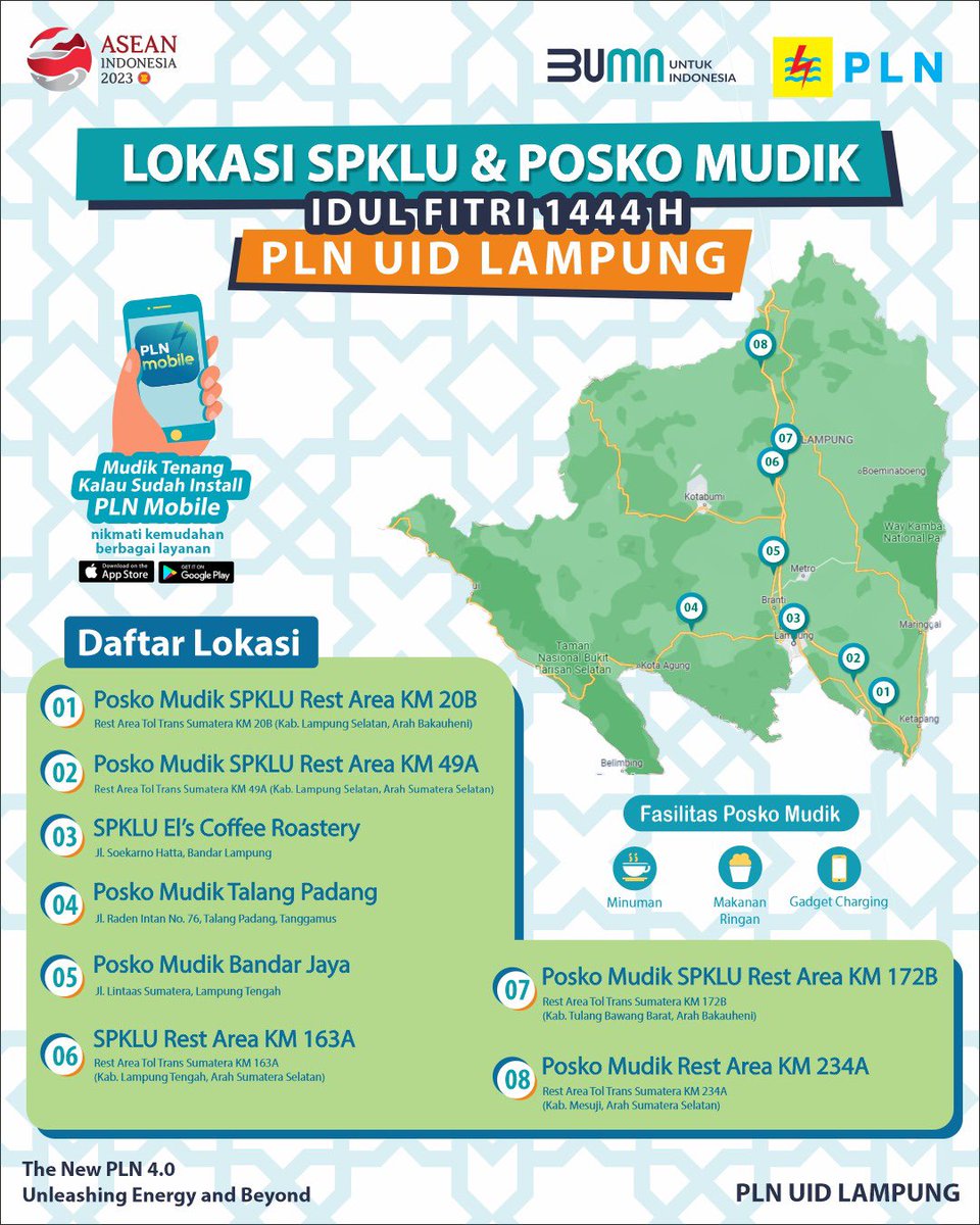 plndislampung's tweet image. Electrizen,

Ini dia Lokasi SPKLU &amp;amp; Posko Mudik PLN UID Lampung yang tersebar di Provinsi Lampung. Catat ya lokasinya dan jangan lupa manfaatkan kemudahan pelayanan PLN dengan aplikasi PLN Mobile.

#UnleashingEnergyandBeyond #BUMNUntukASEAN2023 #SPKLU  #PLNMobile #SemuaMakinMudah