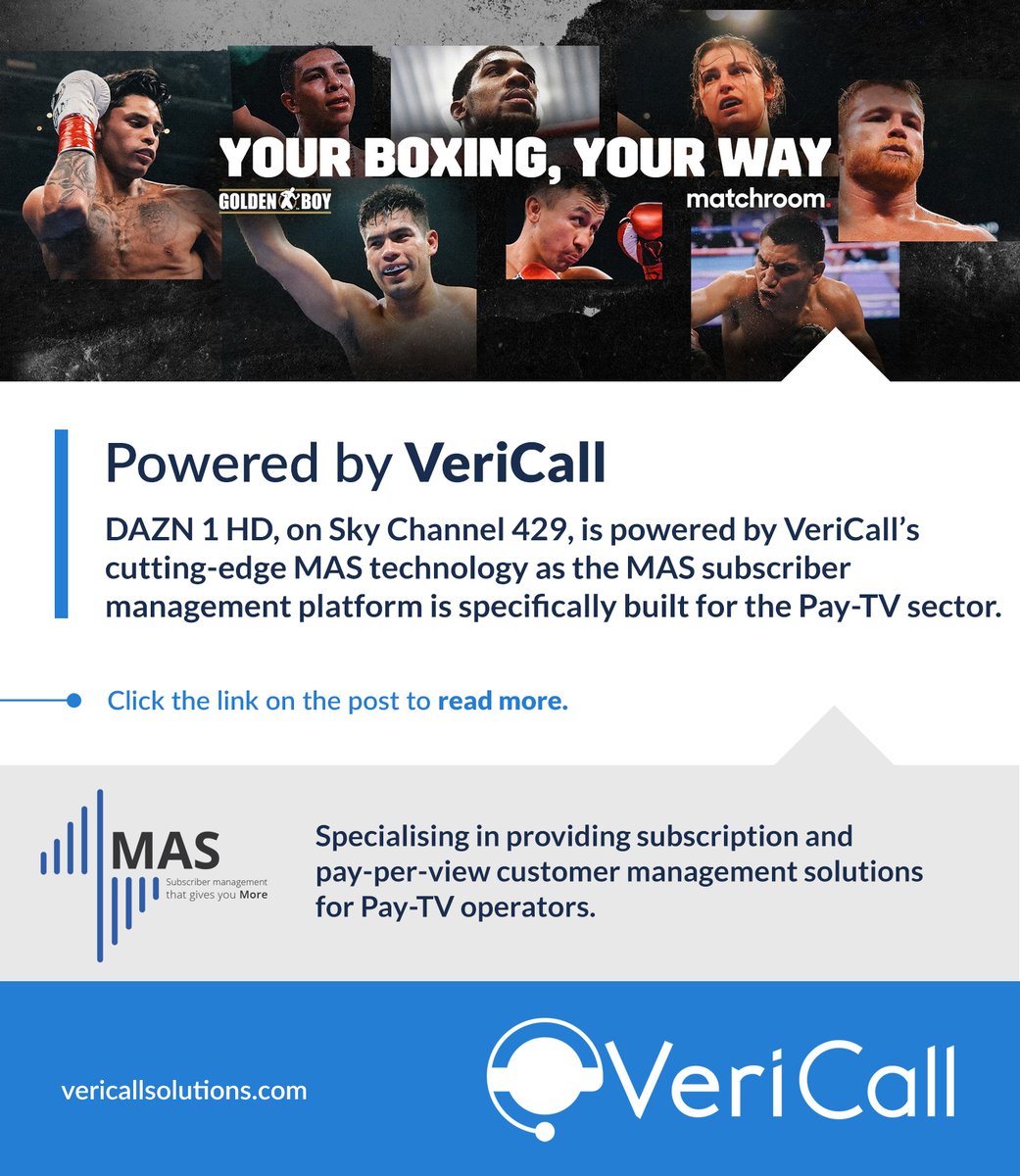 call_veri's tweet photo. DAZN 1 HD on Sky Channel 429 is powered by MAS technology provided by VeriCall Solutions. This technology specialises in providing subscription pay-per view customer management solutions for Pay-TV operators. Want to know more? Click here https://t.co/Tg8Qp7Ao0i

#DAZN #SKY https://t.co/HnH60KawXn