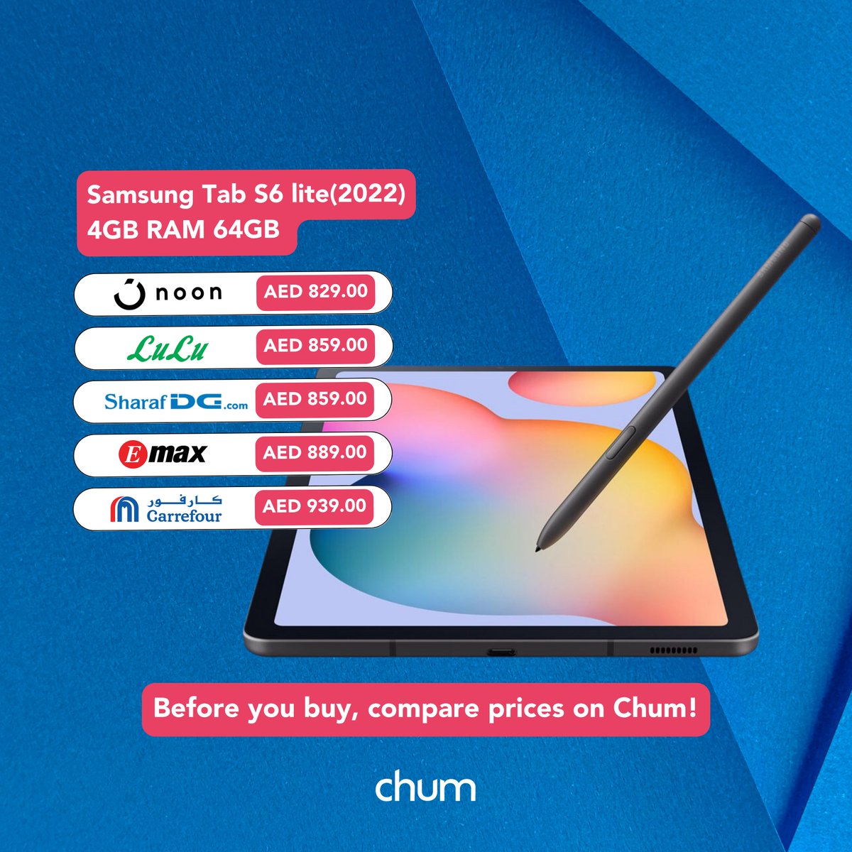saveonchum's tweet photo. Looking for a new tablet? Check out the prices of Samsung Tab S6 lite.
Save big by comparing prices on Chum!
@noon @SamsungGulf @luluhypr @SharafDG @CarrefourUAE  
#samsung #offer #samsungtab #noon #lulu #sharafdg #carrefour #electronics https://t.co/wX6zyudIaG