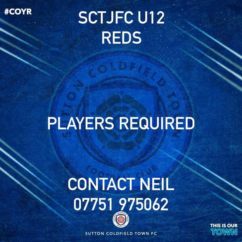 Sutton Coldfield Town Juniors FC (@sctjfc) on Twitter photo <a href="/SCTJFC/">Sutton Coldfield Town Juniors FC</a> U12 reds looking for more players as we move up from 9 to 11 a side next season. Current year 7.
Contact Neil 07751 975062 <a href="/SCTJFC/">Sutton Coldfield Town Juniors FC</a> U12 reds looking for more players as we move up from 9 to 11 a side next season. Current year 7.
Contact Neil 07751 975062
