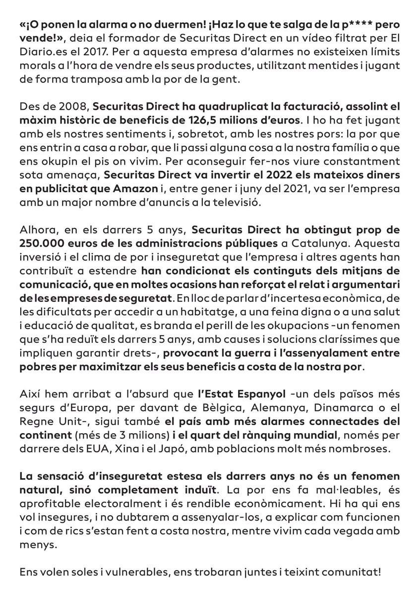 <a href="/bernat_bernabeu/">Bernat Bernabeu</a> És de lectura bàsica entendre que si parlem de la relació entre "més policia i més càmeres" amb "policia i empreses privades quedant-se els pressupostos" parlem de que les empreses de seguretat, com Securitas Direct, es queden cada cop més pressupost: