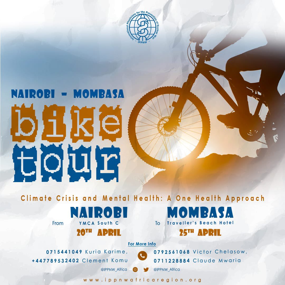 IPPNW_Africa's tweet photo. 🚴♀️ 🚴♂️ Join 15 bikers from 9 countries on a 500km cycling journey in Kenya! 🌍 Promoting disarmament, climate crisis, and health.
🛡️🌎💊 Supported by @IPPNW, this #ippnwbiketour2023 is a statement for a better world. 🚴♀️🌍🌡️ Spreading #healththroughpeace . https://t.co/Oor4b5Hyps