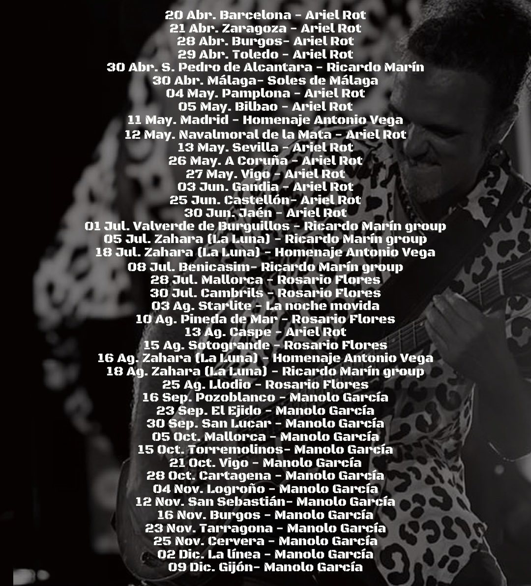 Esta temporada va a ser intensa pero muy interesante. Si coincidimos en algún lugar lo celebramos juntos. 🫵
Estas son las fechas cerradas hasta el momento. Faltan algunas más!

PD: Los conciertos para presentar mi nuevo disco serán a partir de este próximo Otoño/ invierno.