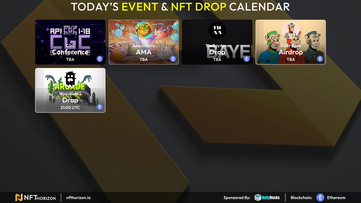 📅Ethereum Blockchain Apr 17 Calendar  

Upvote💛 your favorite events!  

(UTC)
21:00 <a href="/WenvilleHQ/">WenvilleHQ</a> Mighty Mootz
TBA @TheBayArea_Art Bayers Mint
TBA @KillerApes Free Mint
TBA <a href="/AxieInfinity/">Axie Infinity</a> Axie Champions x Ronin Twitter Space
TBA <a href="/cgc_events/">CGC – Cutting-edge Games Conference</a> CGC