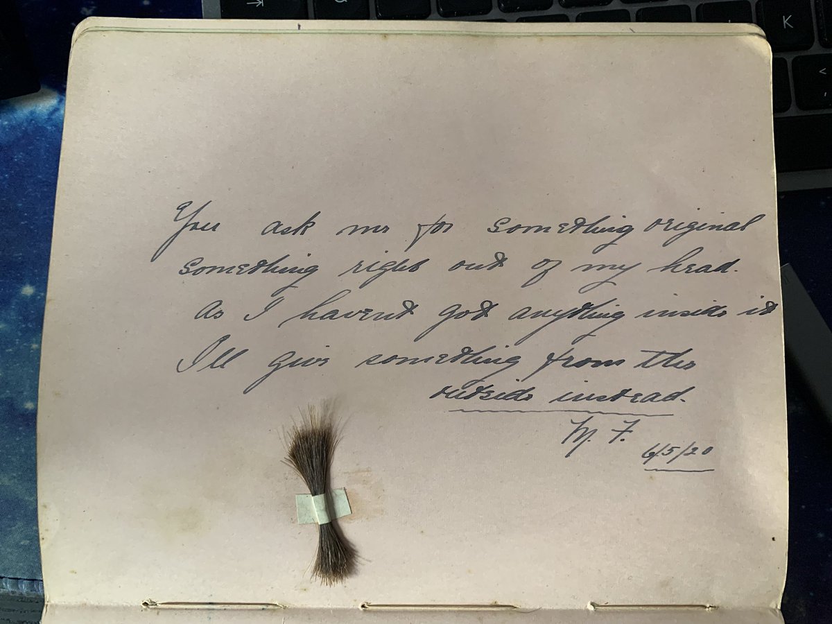Chance4321's tweet photo. This #autographbook arrived this morning - I ‘ve come across human hair( this exact same Meme) in the archives before , but now have my own example #ww1Ephemera https://t.co/knXWd57NRP