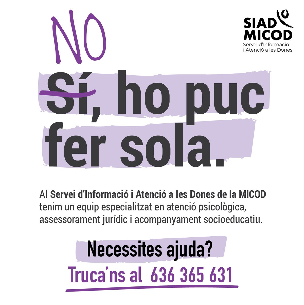 micod_cat's tweet photo. 🟣 ATENCIÓ JURÍDICA GRATUÏTA | No estàs sola!
Al Servei d'Informació i Atenció a les Dones de la Conca d'Òdena tens una advocada per a consultes o assessorament legal sobre separacions, herències, àmbit laboral, custòdies...
Truca al 📞636 365 631
Gratuït!
#SIAD #MICOD https://t.co/ddVVgtTnXD
