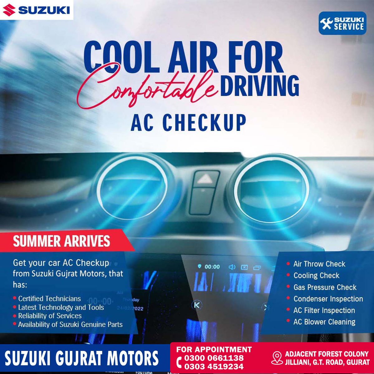 suzukigujratpk's tweet image. Stay cool and worry-free this summer with our Suzuki AC checkup at Suzuki Gujrat Motors - where we ensure that your car's AC is running at its peak performance, so you can enjoy a comfortable ride even on the hottest days!

#Suzuki #ACCheckup #SuzukiService #Genuine #SuzukiGujrat