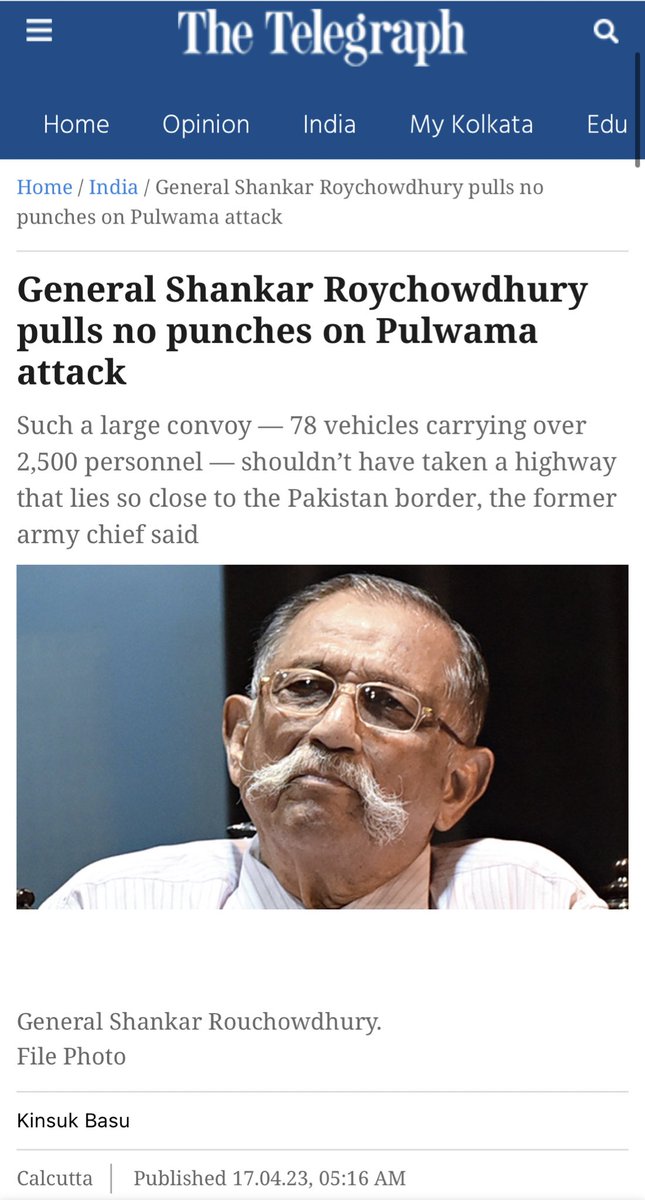mayank_sxn's tweet photo. After BJP leader and Ex-Governor of J&amp;K Satyapal Malik, former Army chief General Shankar Roychowdhury has also raised serious questions on the preparation of govt carrying CRPF convoy, which led to Pulwama attack and martyrdom of our 40 soldiers. https://t.co/deHoMoOK6D