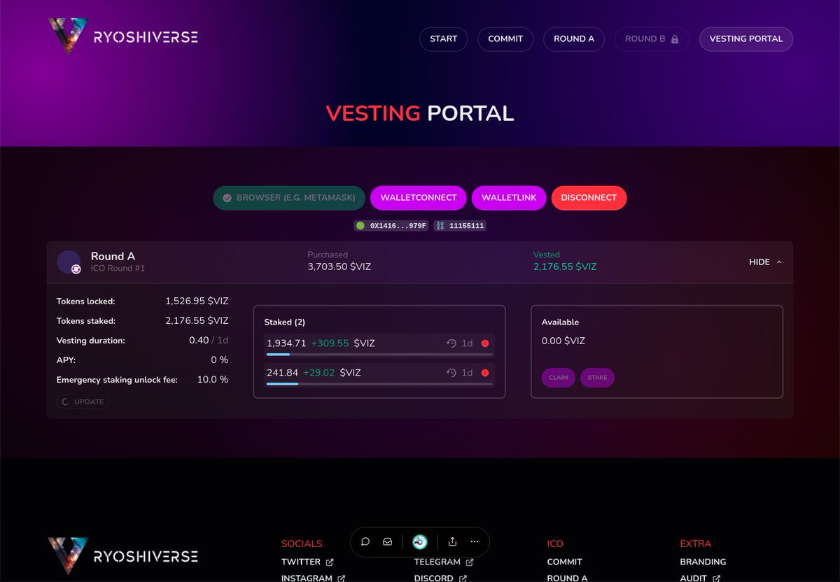 ✅Vesting portal staking benefits are being tested. 

Vision City $VIZ public presale Round B starts May 10th 15:00 UTC.

🔥Earn $VIZ while your tokens are vested.

Ryoshiverse.io