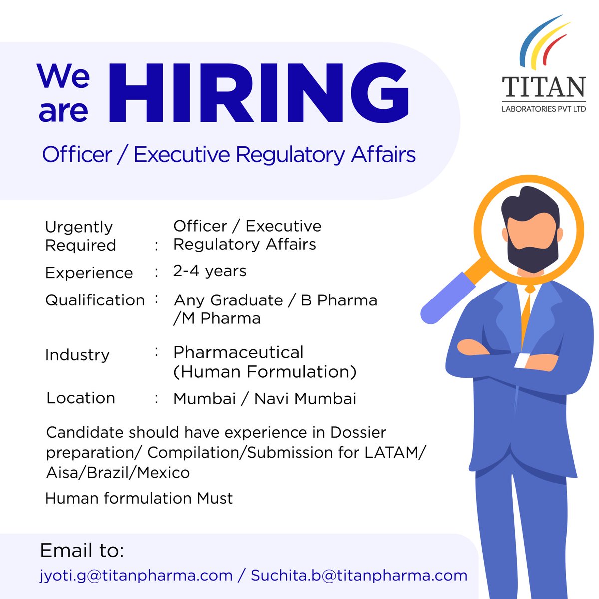 Titan Laboratories is looking for an Experienced person for an Executive Regulatory Affairs/ Officer position to join the family.

#india #manufacturing #jobopenings #pharmaceutical #mumbaijob #indiajob #jobs #hiring #jobsearch #careers #resume #vacancy #jobseekers #jobseeker