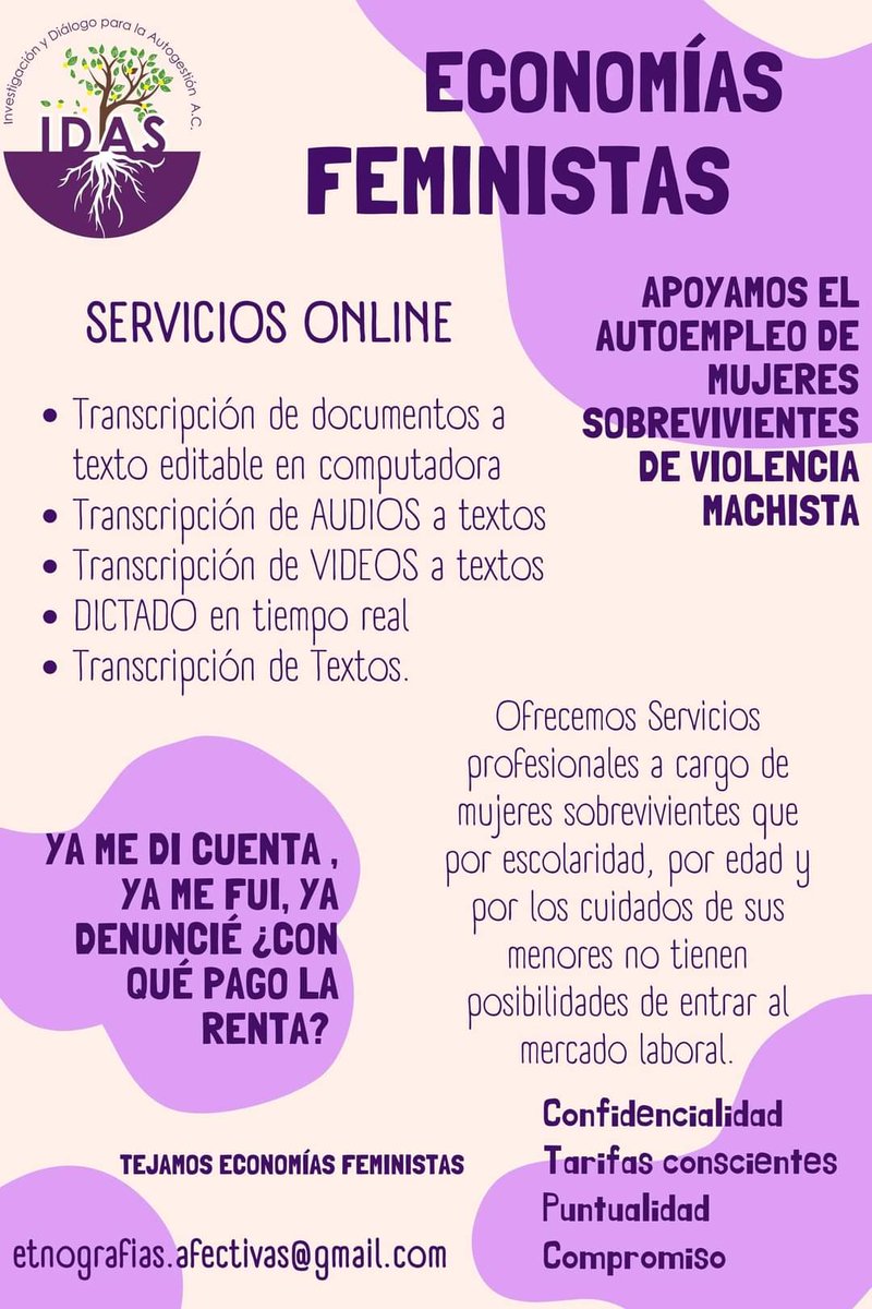 #Yamedicuentaahoraconquepagolarenta 
Ofrecemos Servicios profesionales a cargo de mujeres sobrevivientes que por escolaridad, por edad y por los cuidados de sus menores no tienen posibilidades de entrar al mercado laboral.

 #Economiasfeministas