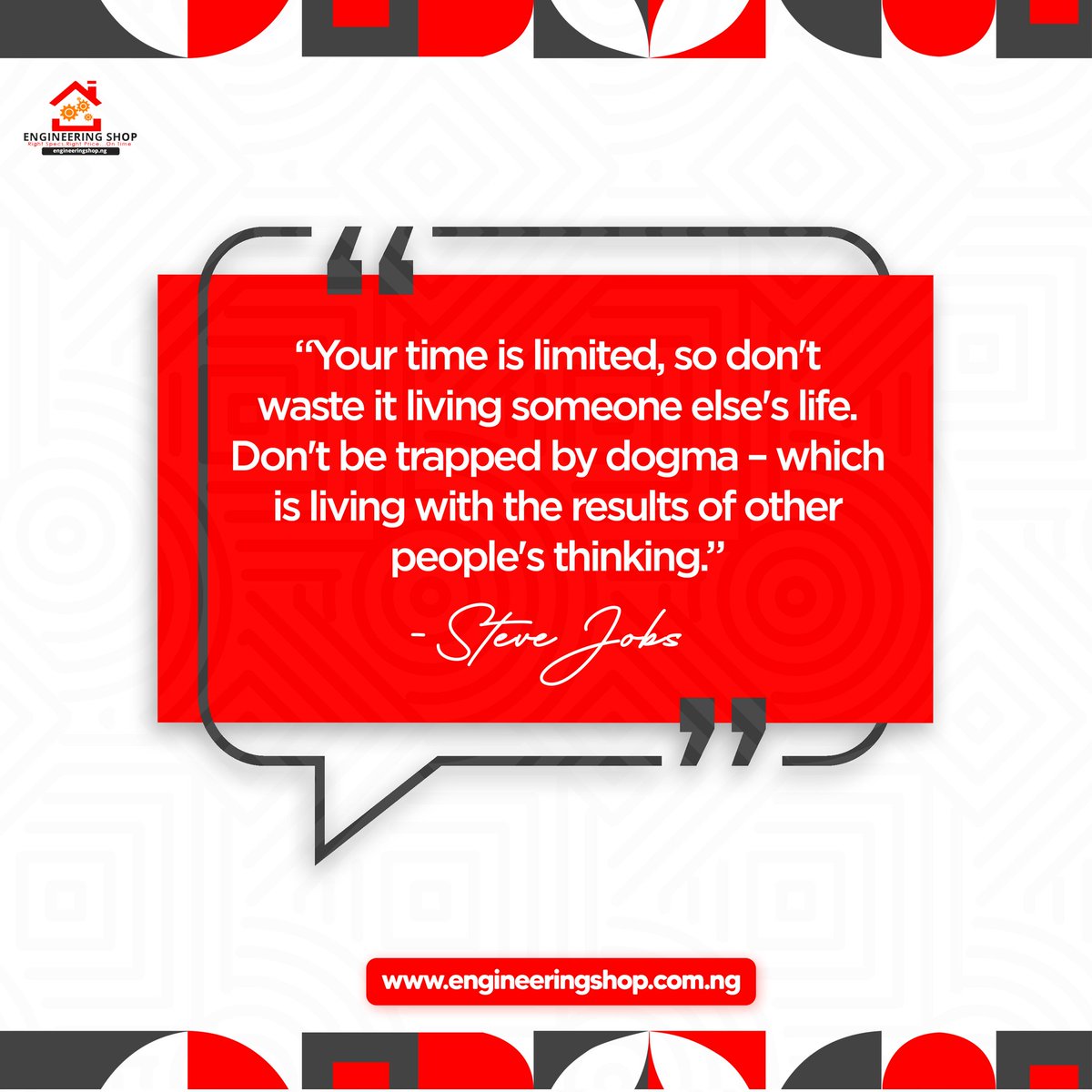 Engrshop_ng's tweet photo. "Your time is limited, so don't waste it living someone else's life. Don't be trapped by dogma - which is living with the results of other people's thinking."
~ Steve Jobs
#MondayMotivation #lifequotes #life #engineeringshopng #engineering https://t.co/nPsRLAIisJ