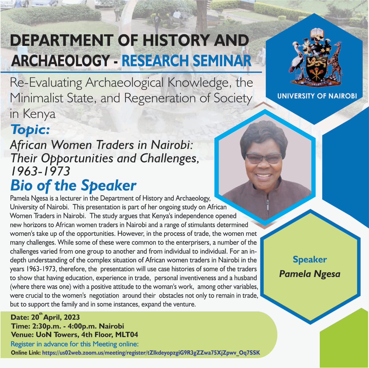 DrOmbongi's tweet image. Our next hybrid - onsite and online - History and Archaeology staff seminar will be on Thursday April 20th, 2023, 2:30pm EAT.

For physical/onsite participants:
Venue:  University of Nairobi Towers, 4th floor, MLT 04.

For online participants  register on:
us02web.zoom.us/meeting/regist…