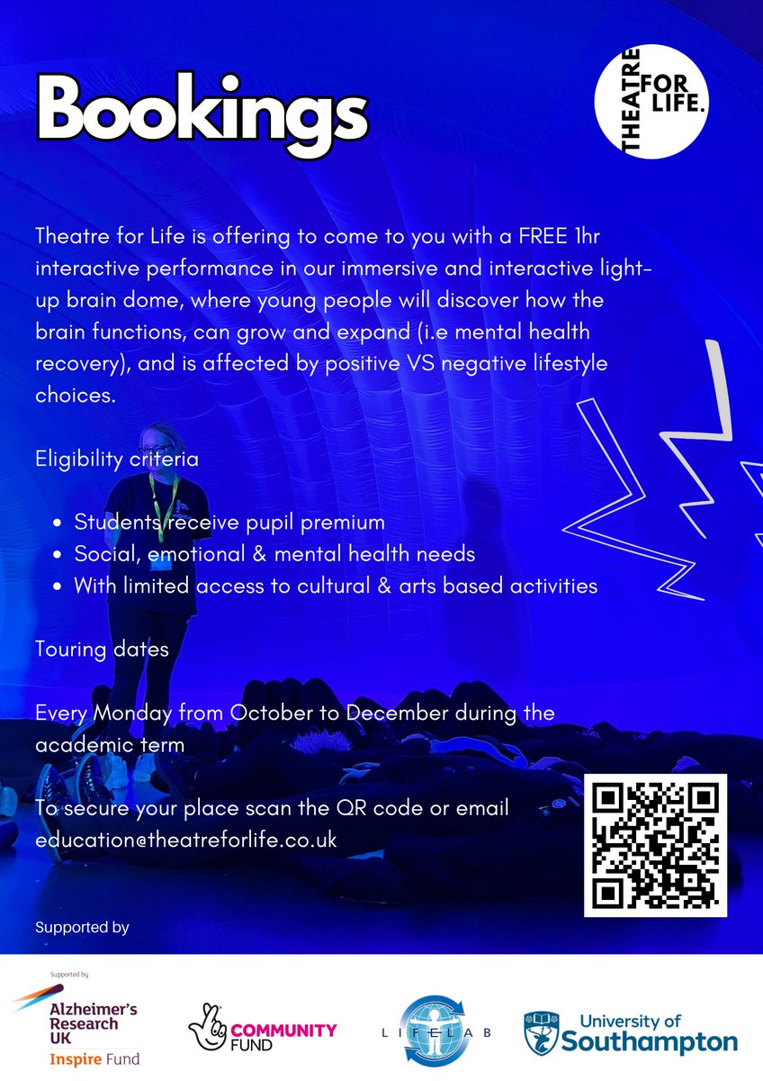 🧠 YOUR BRAIN EXPLAINED TOUR  

📢 FREE Places for Hampshire Schools, colleges &amp; youth orgs onsite in your venue (Limited) 

🗓️ October-December 

BOOKINGS LINK: linktr.ee/theatreforlife…

EMAIL ENQUIRIES: education@theatreforlife.co.uk