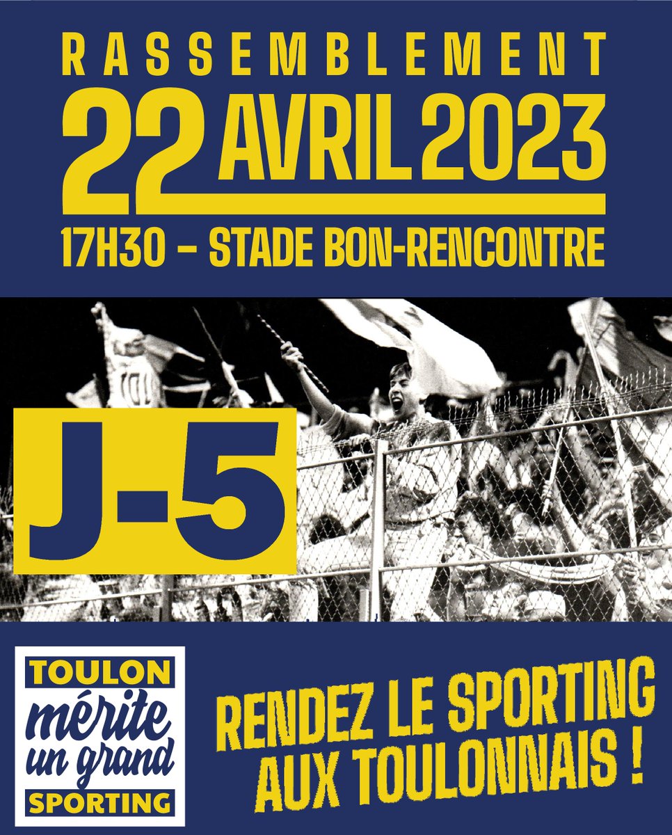 J -5 avant le rassemblement du peuple Azur et Or.
Rdv samedi 22 avril à 17h30 devant le siège du <a href="/sportingtoulon/">Sporting Club Toulon</a>  ! Rendez le Sporting aux toulonnais : <a href="/toulonmerite/">Toulon mérite un grand Sporting</a>  un grand Sporting ! Faites passer le mot.
#le22abr #toulonmerite #toulon #SportingClubToulon #Rassemblement