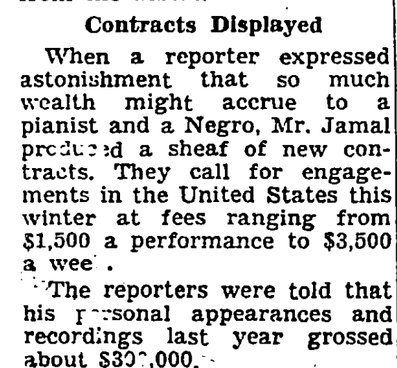 As we mourn the passing of jazz great Ahmad Jamal, a startling paragraph from a 1959 Times story about his trip to Cairo, which he visited to invest in real estate -- something the reporter apparently could hardly fathom.
