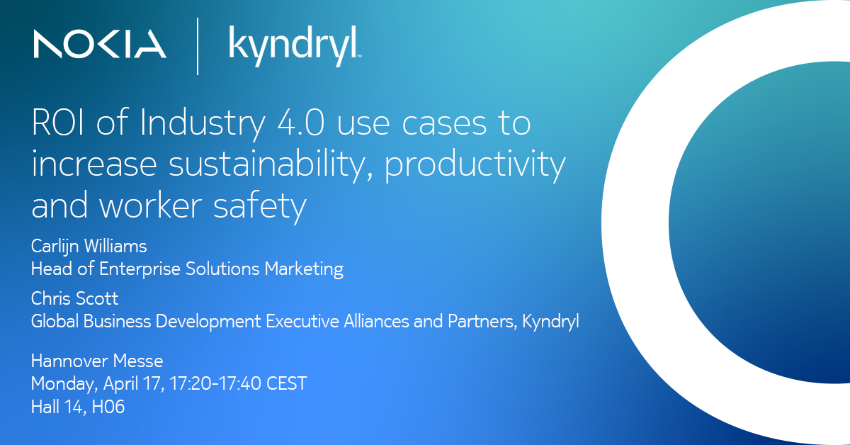 nokiaindustries's tweet photo. Learn how to uncover the #ROI of #Industry40 in your #manufacturing operation with use cases that increase sustainability, productivity and worker safety. 

Join Chris Scott and @CarlijnAdema today at @hannover_messe: https://t.co/zkt5O9Hyhs   

#Kyndryl https://t.co/Meu3LbqEx3