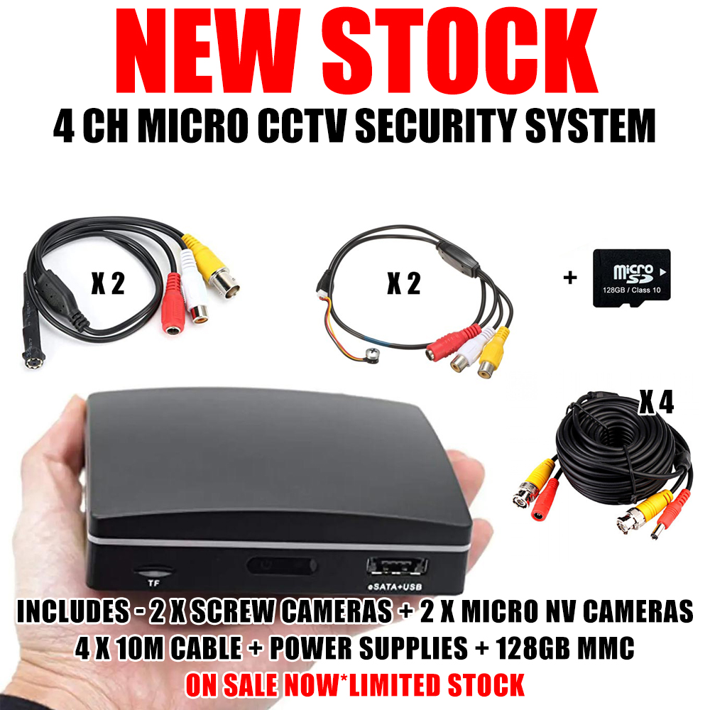 4 Channel Mini CCTV DVR with Micro Cameras Complete Security System for Home, Office, Shop and Warehouse #securityshop #cctvcameras
+ 2 x Mini CCTV Screw Cameras 
+ 2 x Mini Night Vision Cameras
+ 4 x 10m CCTV Cables
+ 2 x Power Supplies
+ 1 x 128GB Memory Card
+ Mini DVR, mouse,…